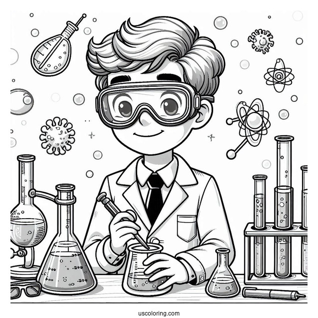 Science Coloring Page Of Boy In Goggles And Lab Coat In A Science Laboratory