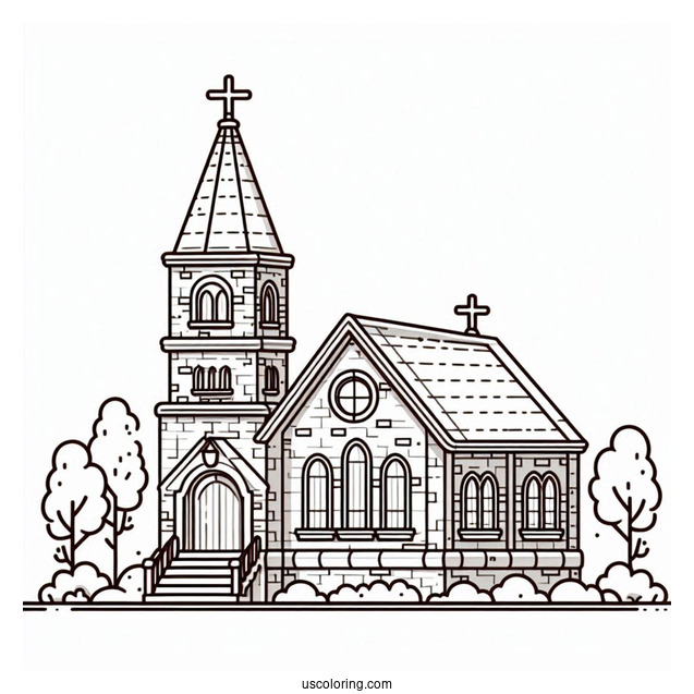 Cute Brick Church Coloring Page With A Tower For Kids
