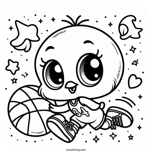 Kawaii Tweety Bird With Basketball Coloring Sheet For Preschoolers