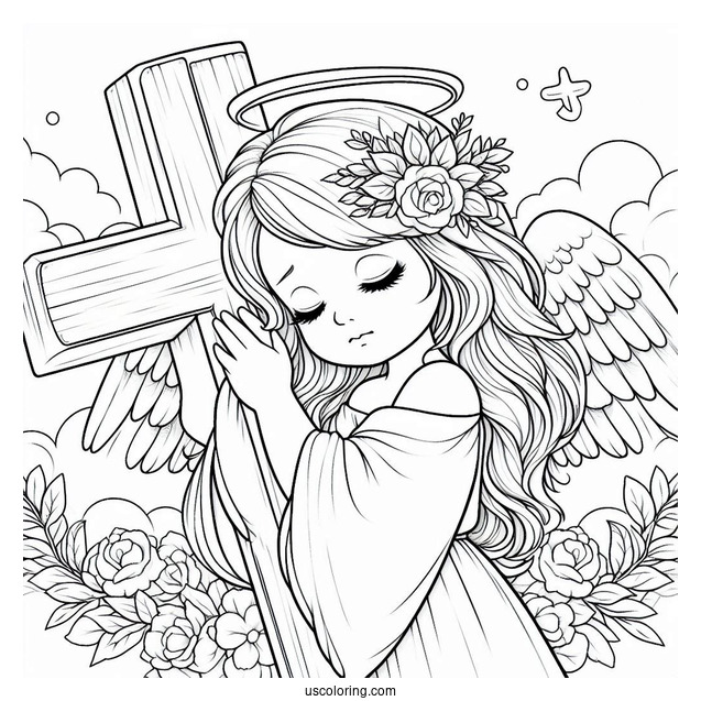 Adorable Angel Hugging A Cross In The Sky Coloring Sheet For Kids