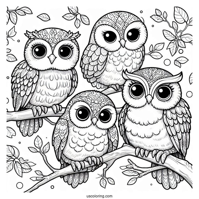 Cute Coloring Page Realistic Owls Perched On A Tree Branch