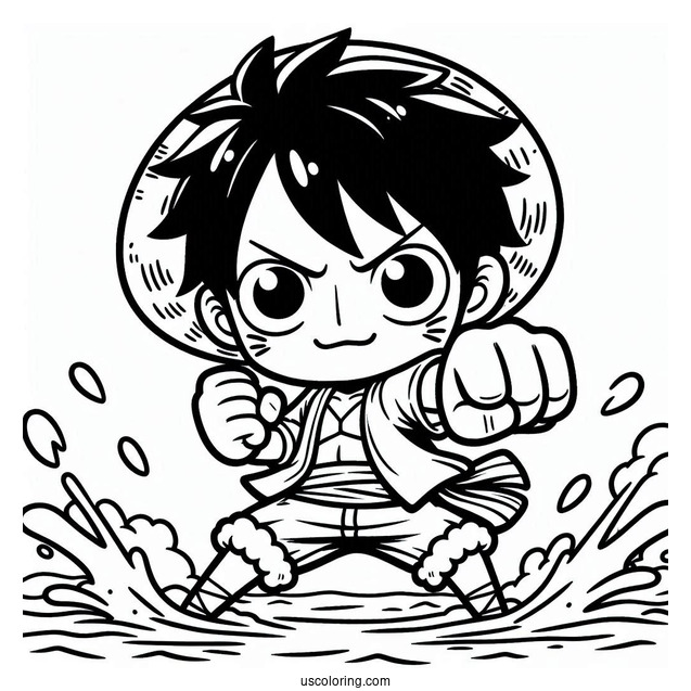 Kawaii Luffy Coloring Page In Fighting Pose On The Sea For Kids