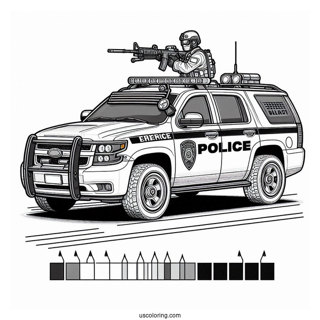 Police Car Coloring Page Of Realistic SWAT Vehicle With An Armed Agent Outside