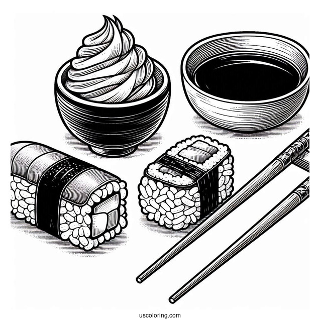 Uramaki, Nigiri, And Temari Sushi Coloring Pages With Chopsticks And Soy Sauce