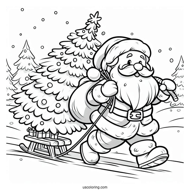 Santa Claus Hauling a Christmas Tree In The Snow