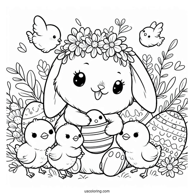 Easter Coloring Page Of Bunny Holding Chicks
