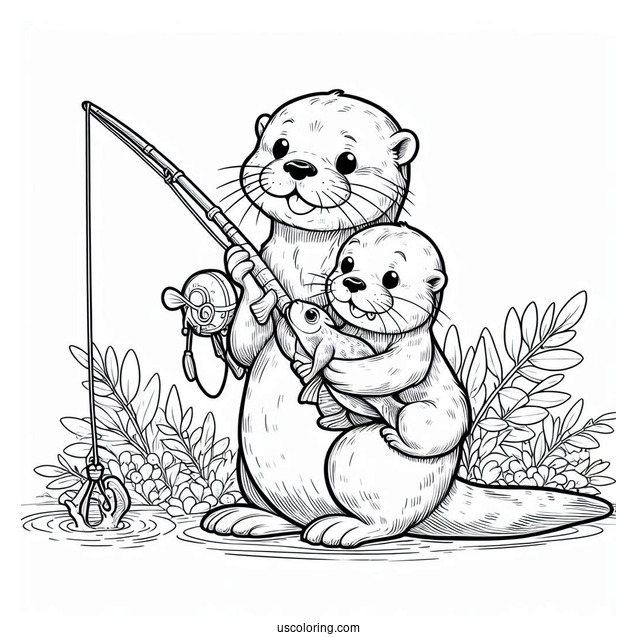 Daddy Otter Coloring Page With Fishing Rod And Baby Otter Carrying Fish