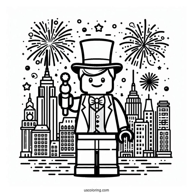 New Year Coloring Page Of Lego Gentleman With City And Fireworks Behind Him For Kids