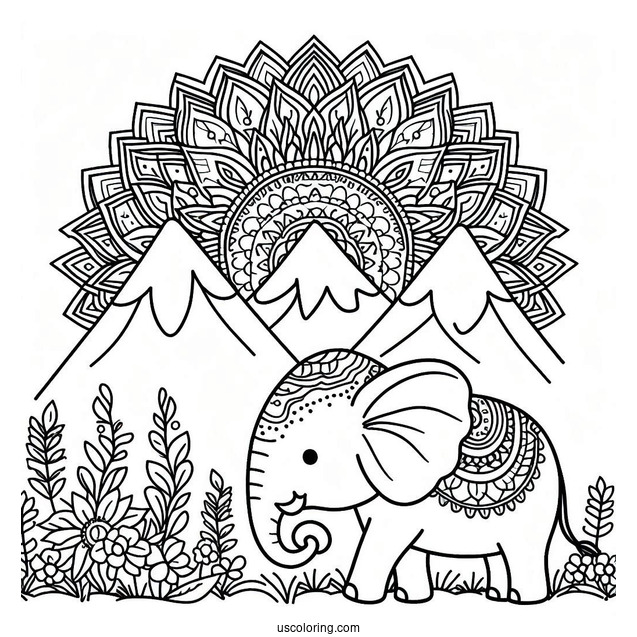 Mandala Elephant Standing Next To Mountain