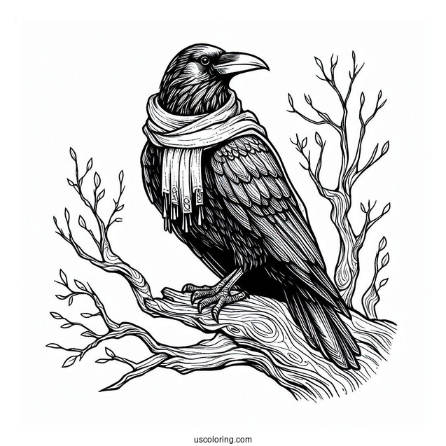 Raven Coloring Page Wearing A Cape While Perched On A Tree