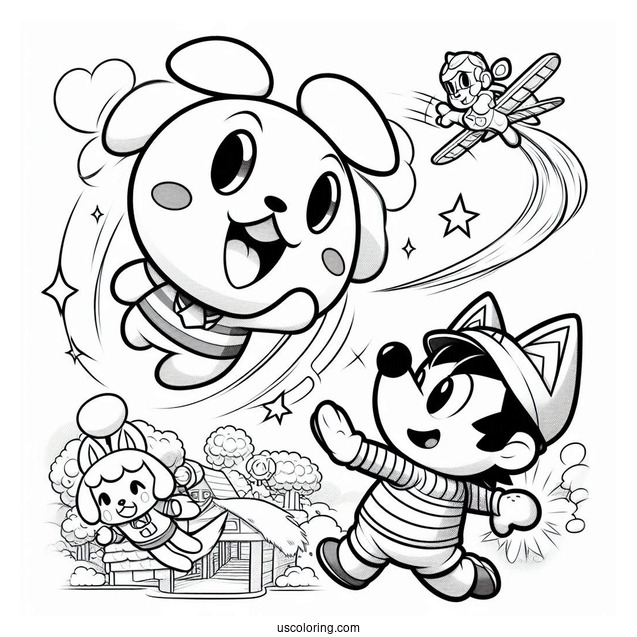 Super Smash Bros Coloring Page Of Animal Crossing Villager Leaping Over Mario And Star Fox