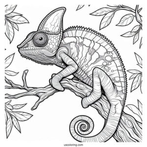 Lizard Coloring Page of Jackson's Chameleon On Tree Branch