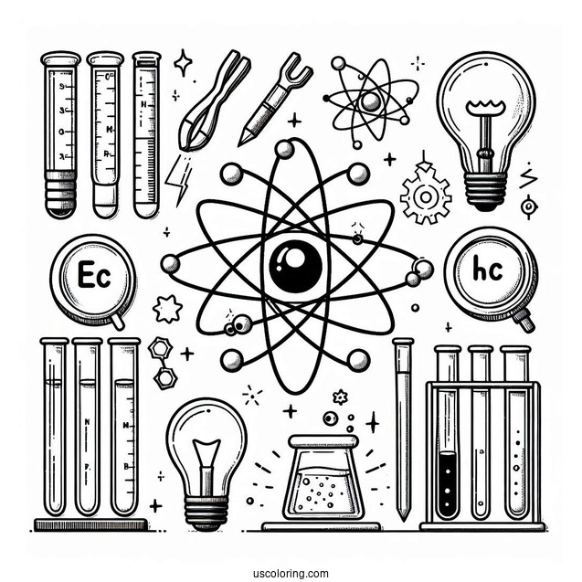 Science Coloring Page Of Elements Atom, Magnet, Test Tubes, Beaker, Light Bulb, And Magnifying Glass