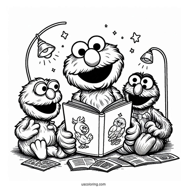 Elmo, Oscar and Big Bird Reading Books To Color