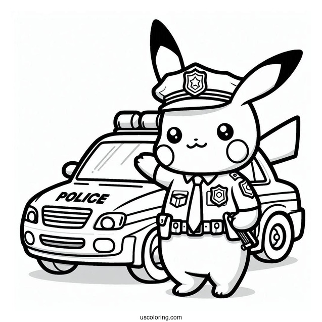 Officer Pikachu Outside Police Car Coloring Page For Kids