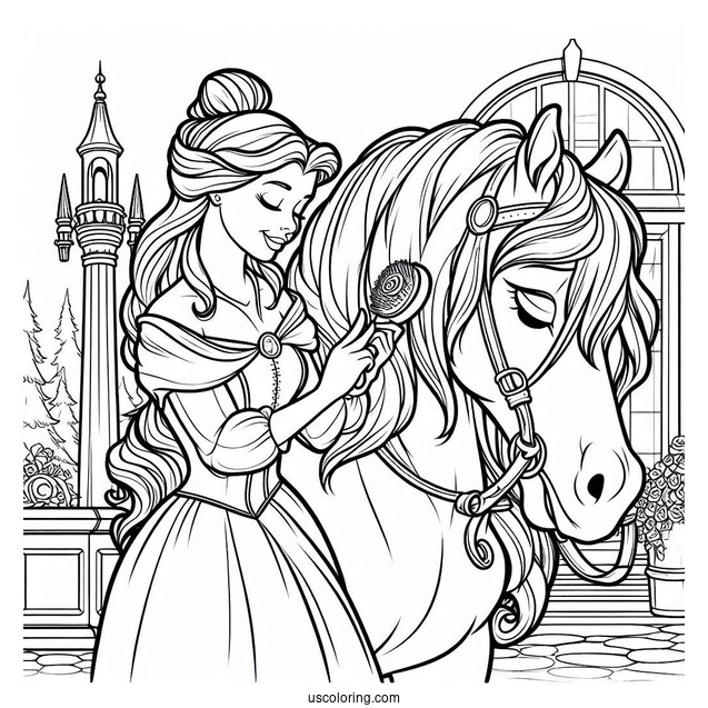 Belle Brushing Her Horse Phillipe To Color