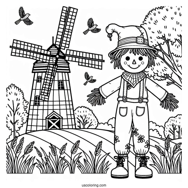 Cute Scarecrow Coloring Page With A Windmill At The Back