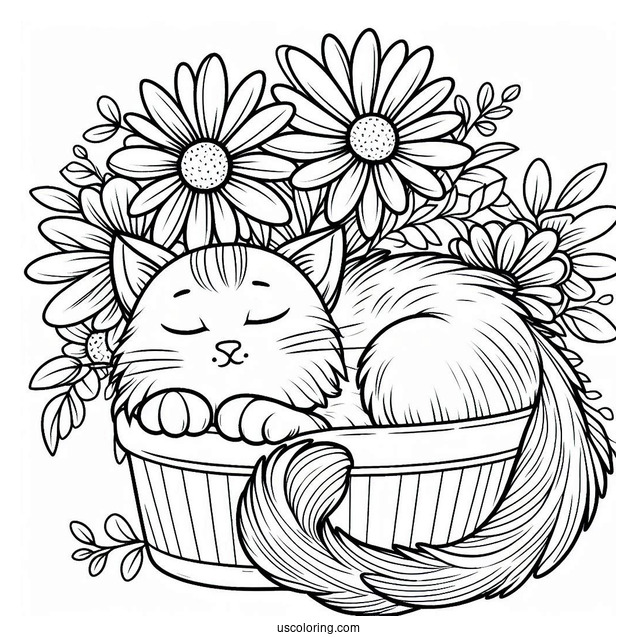 Cat Sleeping Inside Flower Pot Coloring Page