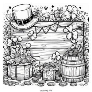 St. Patrick's Day Coloring Page Of St Patrick s Day Wooden Sign With Leprechaun Hat, Shamrocks, Irish Flag, And Gold Coins