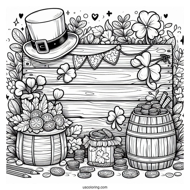 St. Patrick's Day Coloring Page Of St Patrick s Day Wooden Sign With Leprechaun Hat, Shamrocks, Irish Flag, And Gold Coins
