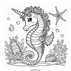 Coloring Page Of a Unicorn Seahorse