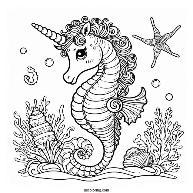 Coloring Page Of a Unicorn Seahorse