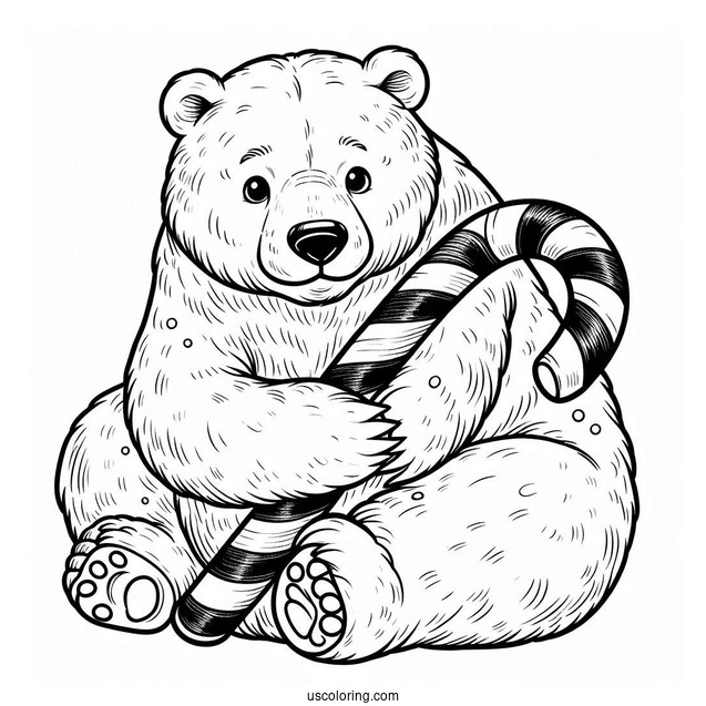Big Polar Bear With Christmas Candy Canes Coloring In