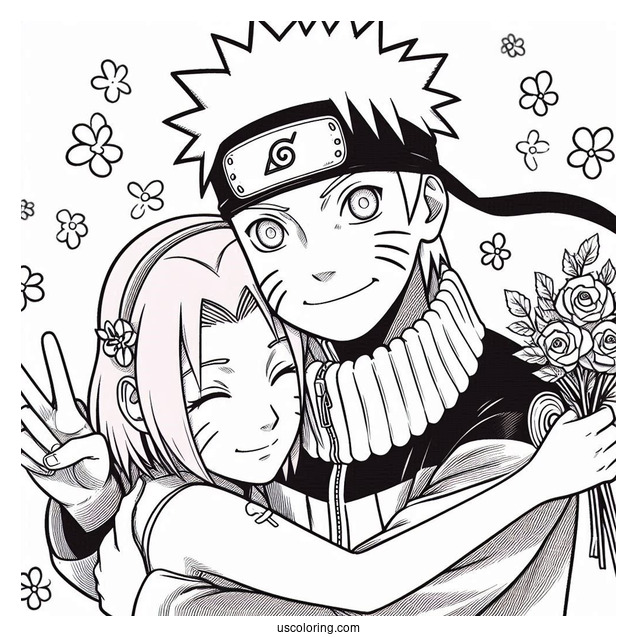 Naruto Coloring Page Of Hugging Sakura And Making Peace Sign