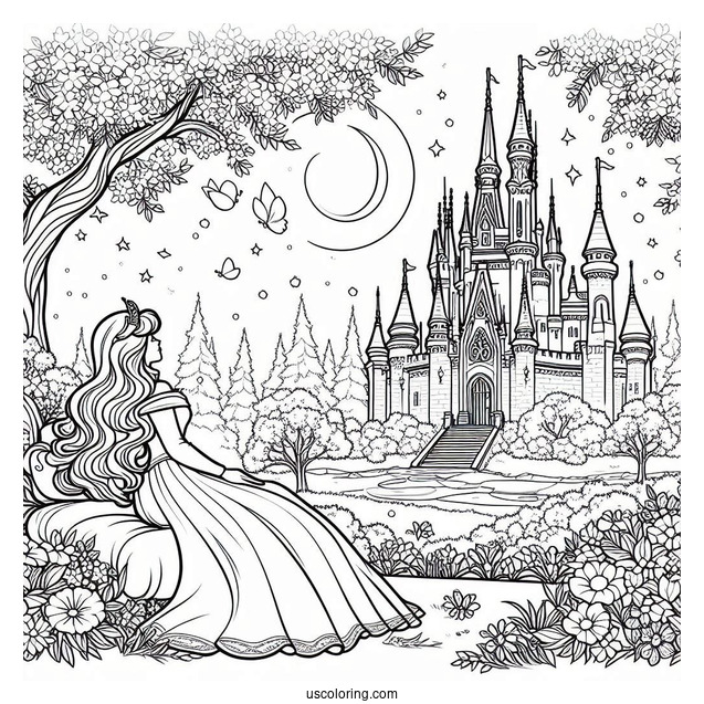 Disney Princess Aurora In Spring Coloring Page Garden Outside The Castle
