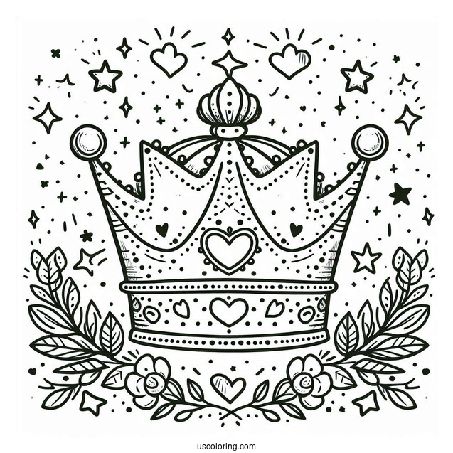 Playful Royal Crown Coloring Page Surrounded by Hearts and Stars For Kids