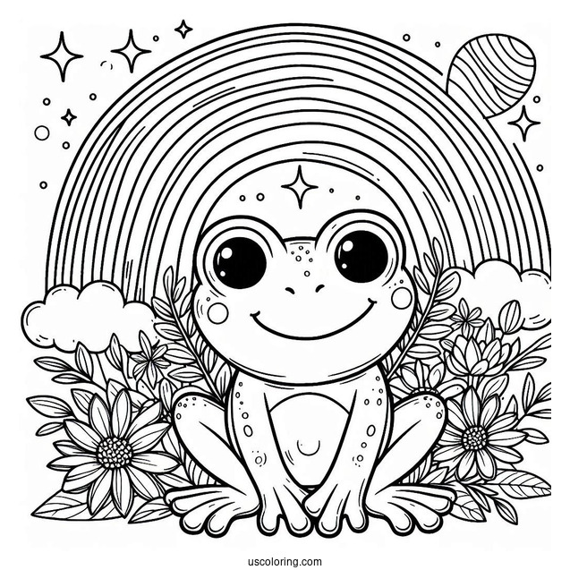 Smiling Frog Sitting Below A Rainbow Coloring Page