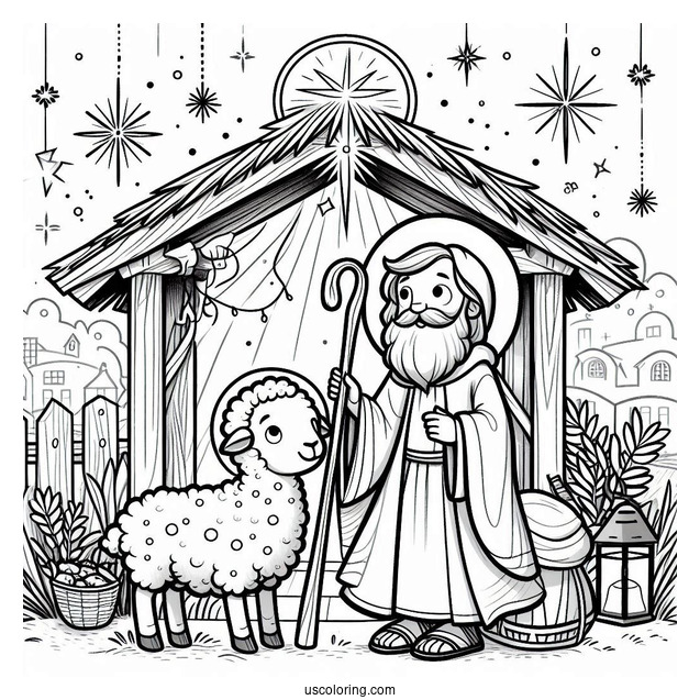 Adorable Nativity Coloring Page With A Shepherd And A Wise Man
