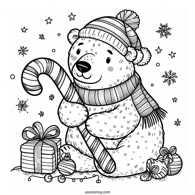 Big Polar Bear With Christmas Candy Canes Coloring In