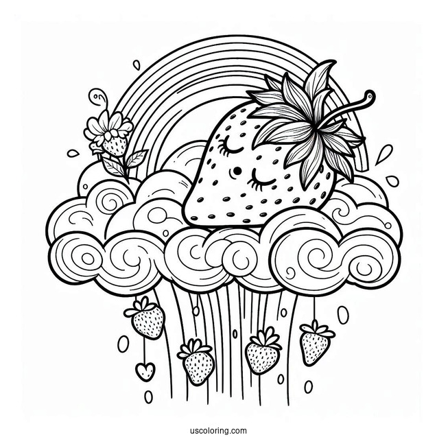 Strawberry Coloring Page On A Cloud Sliding Down A Rainbow