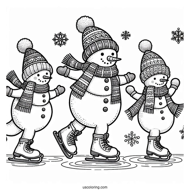 Three Snowmen Ice Skating During Christmas