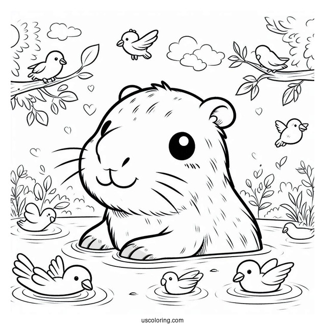 Kawaii Capybara Coloring Page Swimming With Birds For Kids