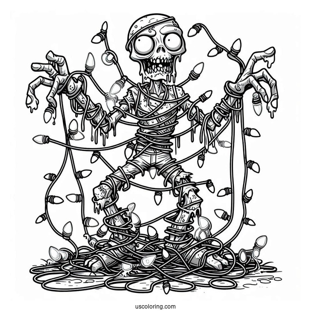 Zombie Tangled In Christmas Lights To Color