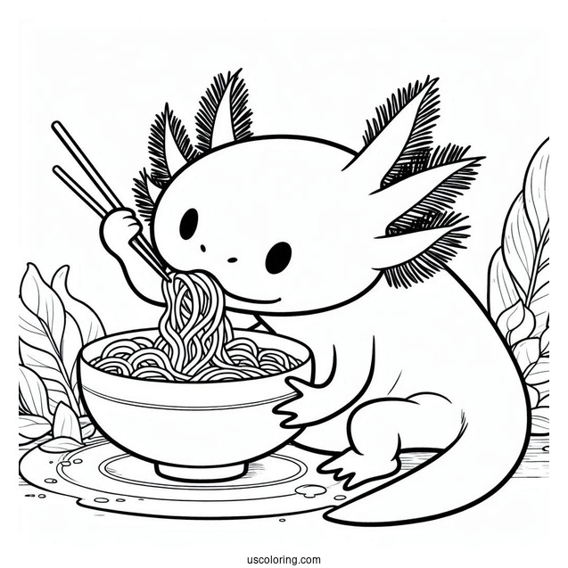 Axolotl Coloring Page Eating Ramen For Kids