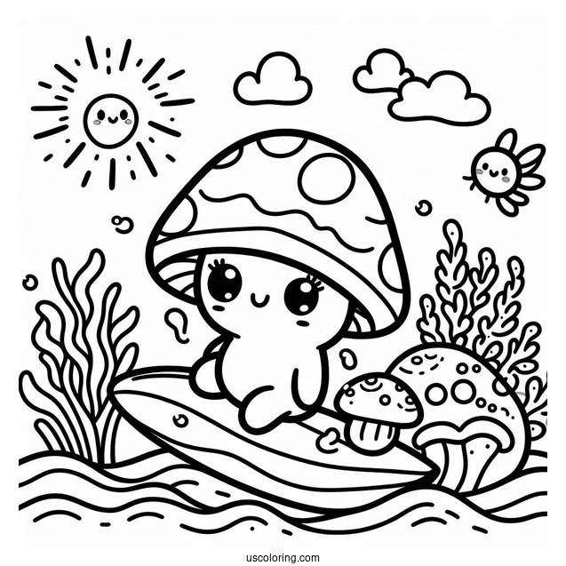 Cute Coloring Page Mushroom Surfing
