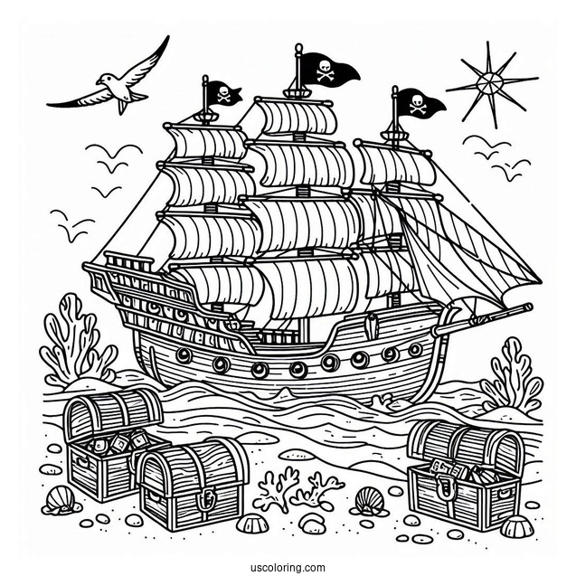 Simple Pirate Ship Coloring Page At Sea With Treasure Chests For Kids