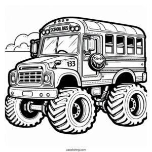 Monster Truck School Bus Coloring Page In The Air