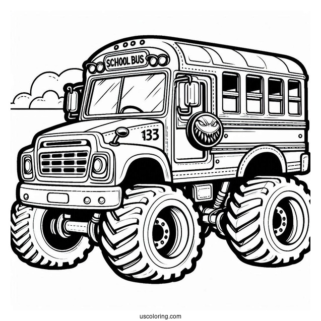 Monster Truck School Bus Coloring Page In The Air
