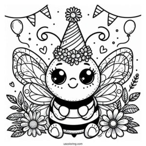 Bee Coloring Page Wearing Party Hats For Birthday Celebration