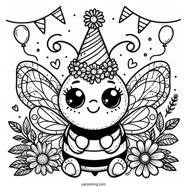 Bee Coloring Page Wearing Party Hats For Birthday Celebration