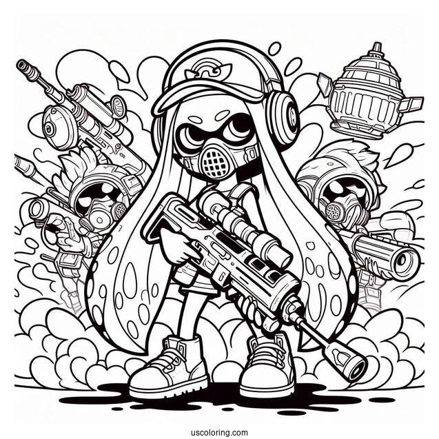 Splatoon Coloring Page Of Agent 3 With Crossbow And Squad