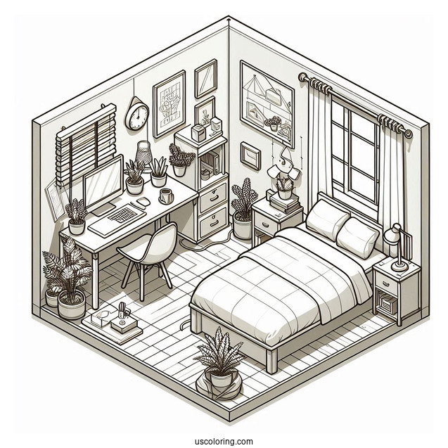 Small Isometric Bedroom Coloring Page With Study Desk And Balcony