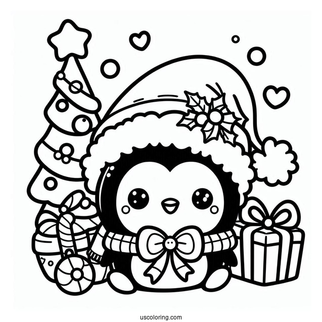Kawaii Penguin Christmas Coloring Page
