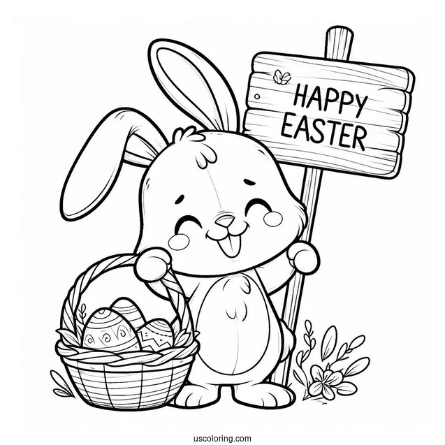 Easter Coloring Page Of Smiling Bunny Holding Happy Easter Sign For Kids