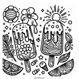 Two Popsicles Melting In The Summer Coloring Page For Kids