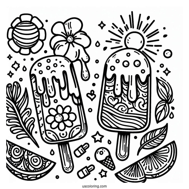 Two Popsicles Melting In The Summer Coloring Page For Kids